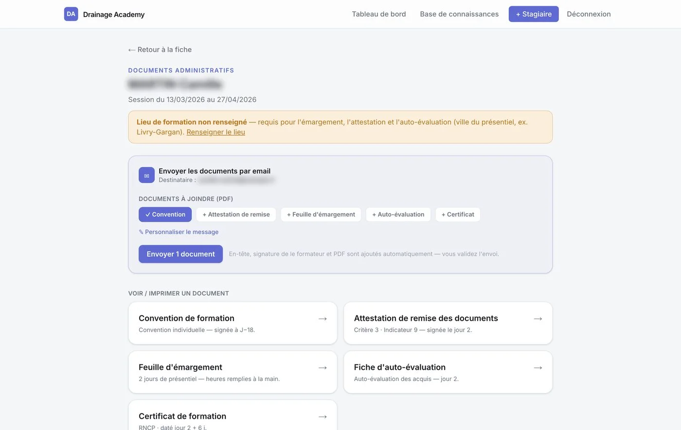 Un espace de gestion installé par DL Consulting chez un organisme de formation : les documents réglementaires générés et envoyés en un clic (données anonymisées)