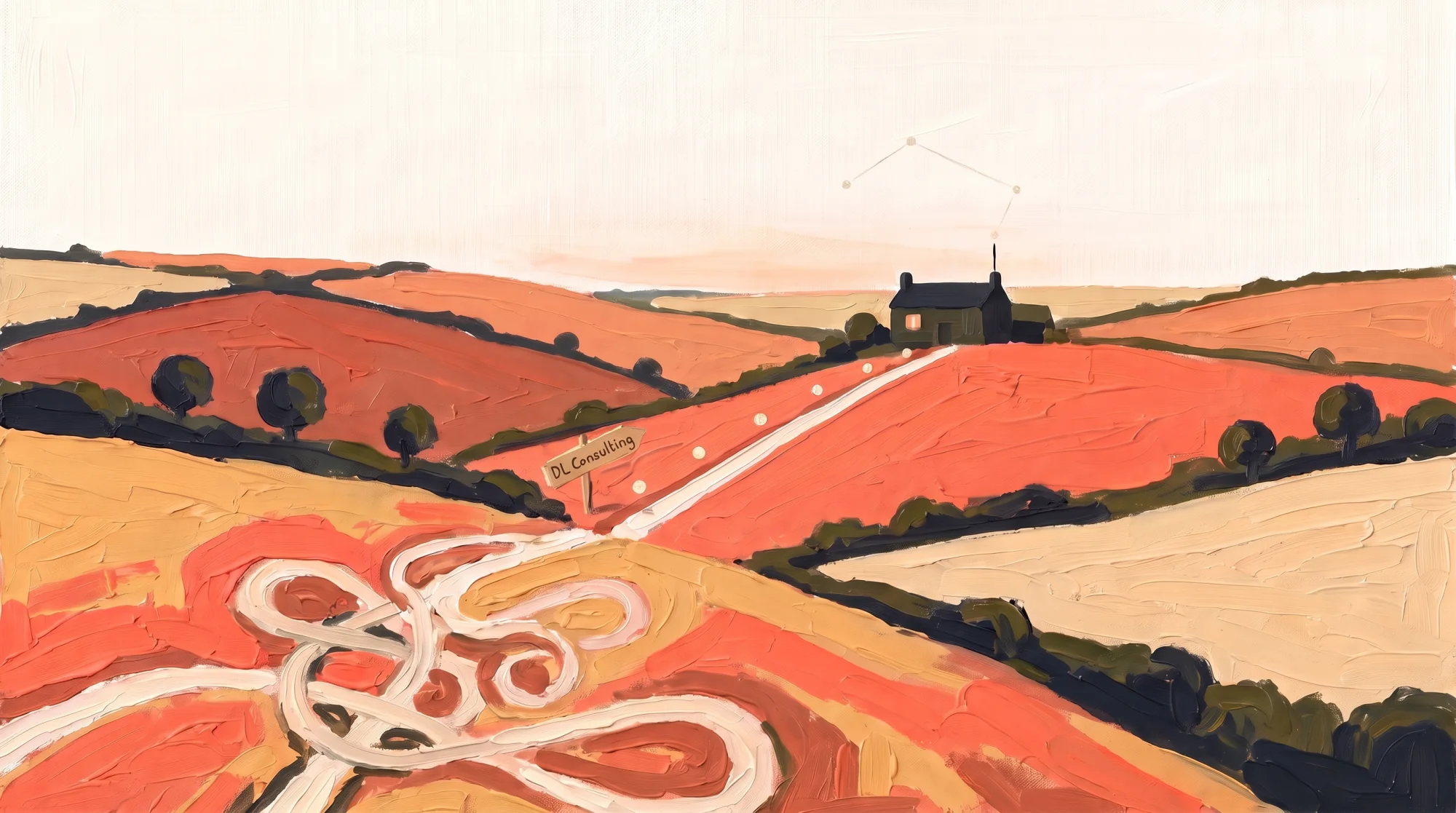 Un chemin emmêlé qui se redresse en une seule route vers un atelier, entre des collines peintes en corail et sable ; un petit panneau « DL Consulting » indique la direction