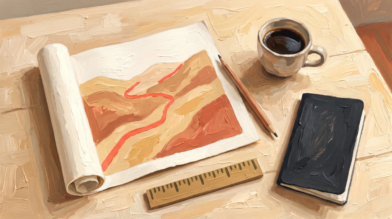Vue de dessus : une carte des collines dépliée sur une table, une route tracée en corail, un crayon, une règle, un café