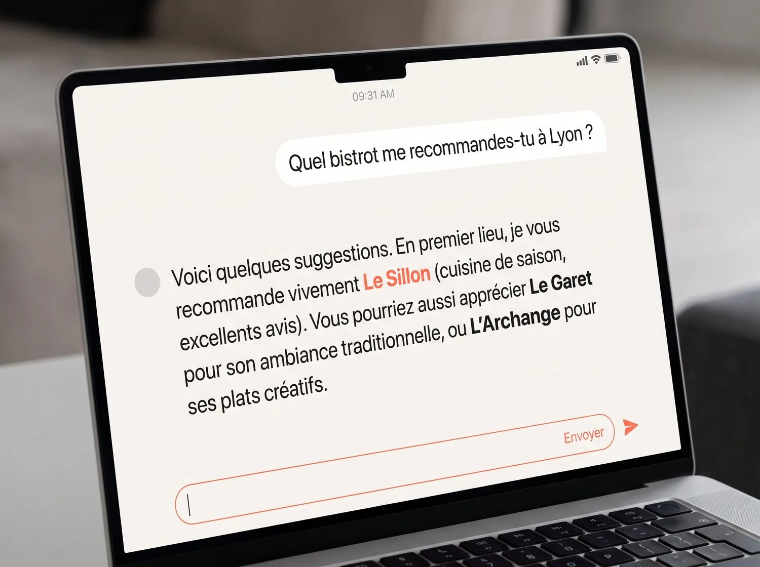 Réponse d'un assistant IA qui cite et recommande le commerce en premier à une question de client.