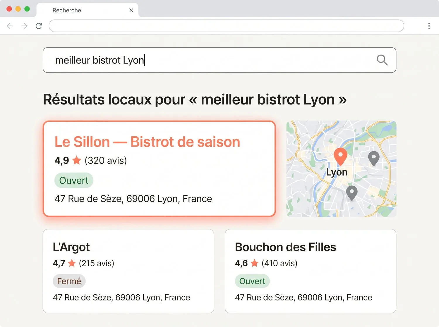 Résultats de recherche locale : la fiche du commerce ressort en première position, mise en avant.