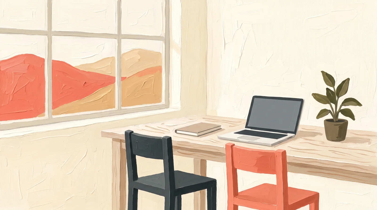 Une table ronde, deux chaises rapprochées, deux cafés et deux carnets ouverts