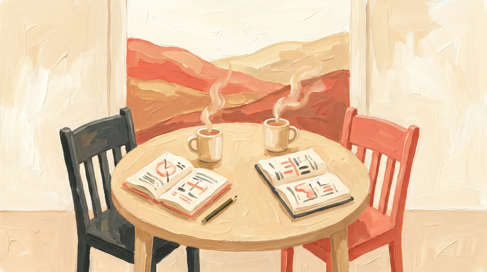 Une table ronde, deux chaises rapprochées, deux cafés encore chauds et deux carnets ouverts — la conversation vient de s'interrompre