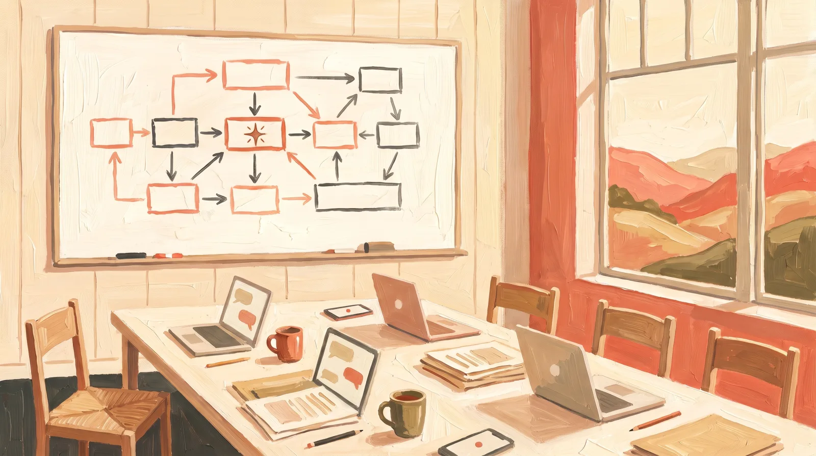 Une salle de formation peinte : un tableau couvert d'un schéma, des dossiers et des ordinateurs sur la table
