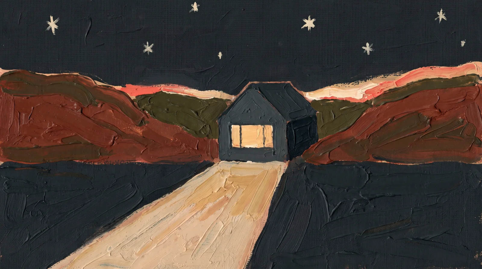 L'atelier la nuit entre les collines, sa fenêtre allumée au bout de la route : quelqu'un est encore là.