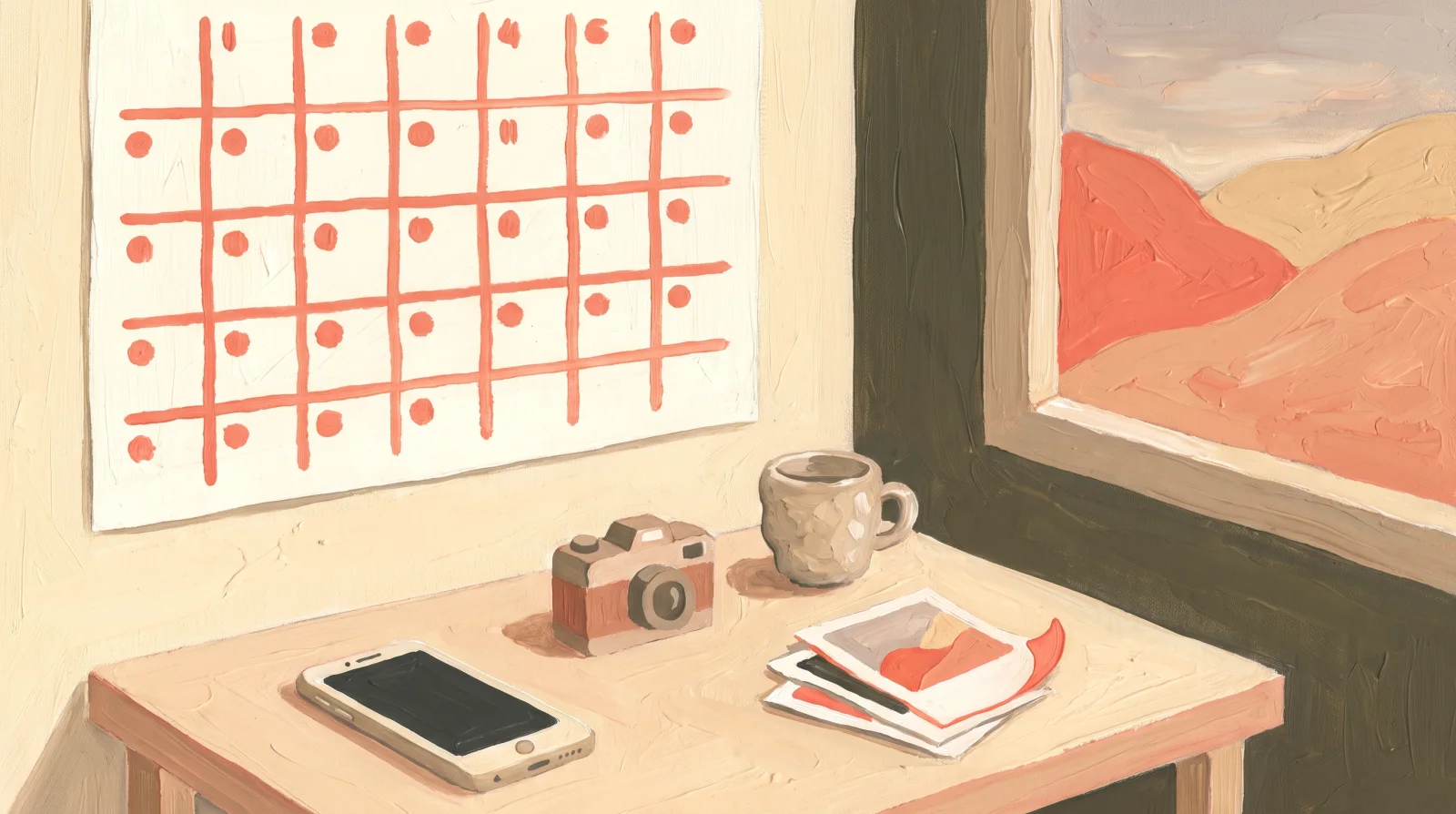 Un calendrier mural à points corail, un téléphone, un appareil photo, des tirages sur un bureau